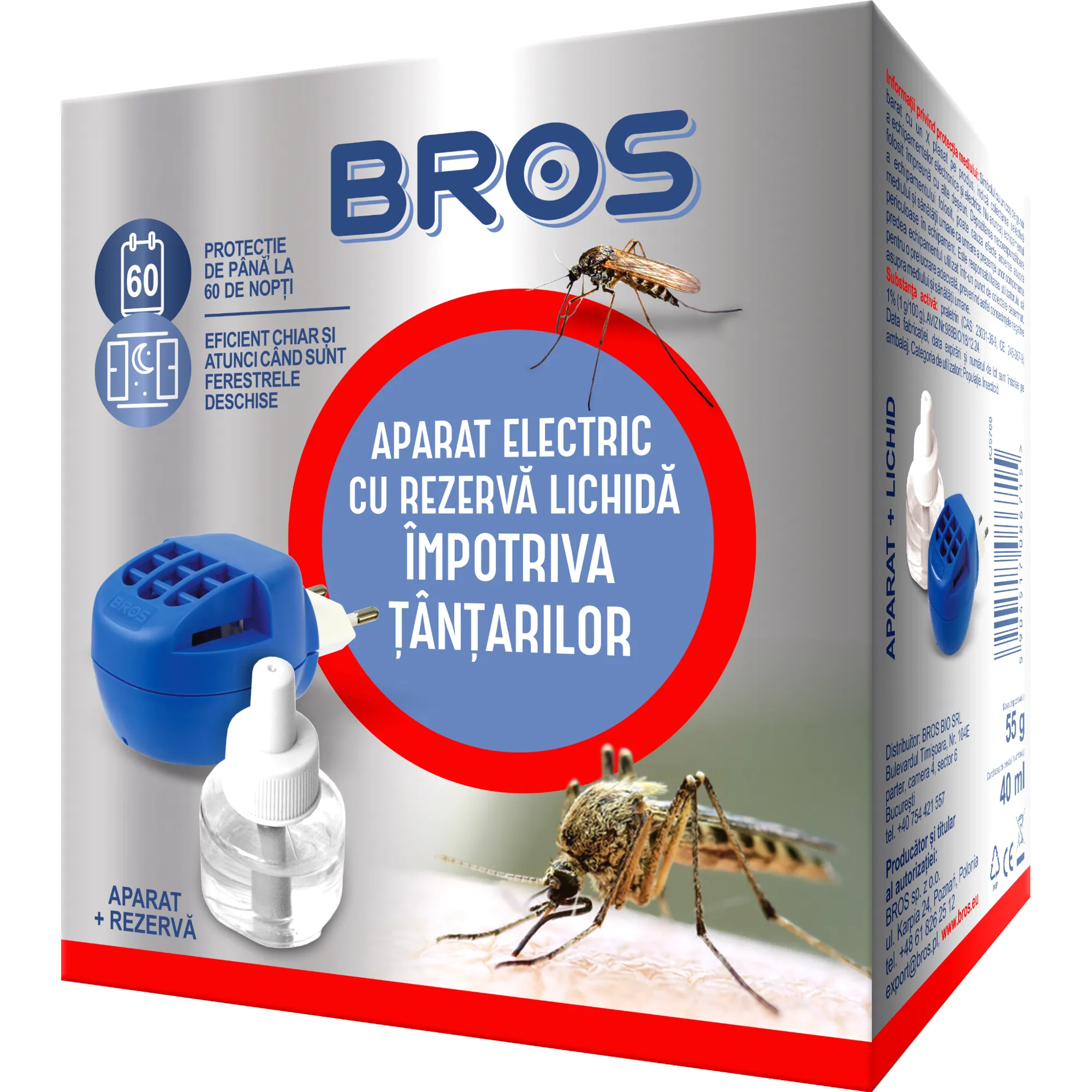 BROS Aparat electric cu rezervă lichidă împotriva țânțarilor, 40 ml, 60 nopți