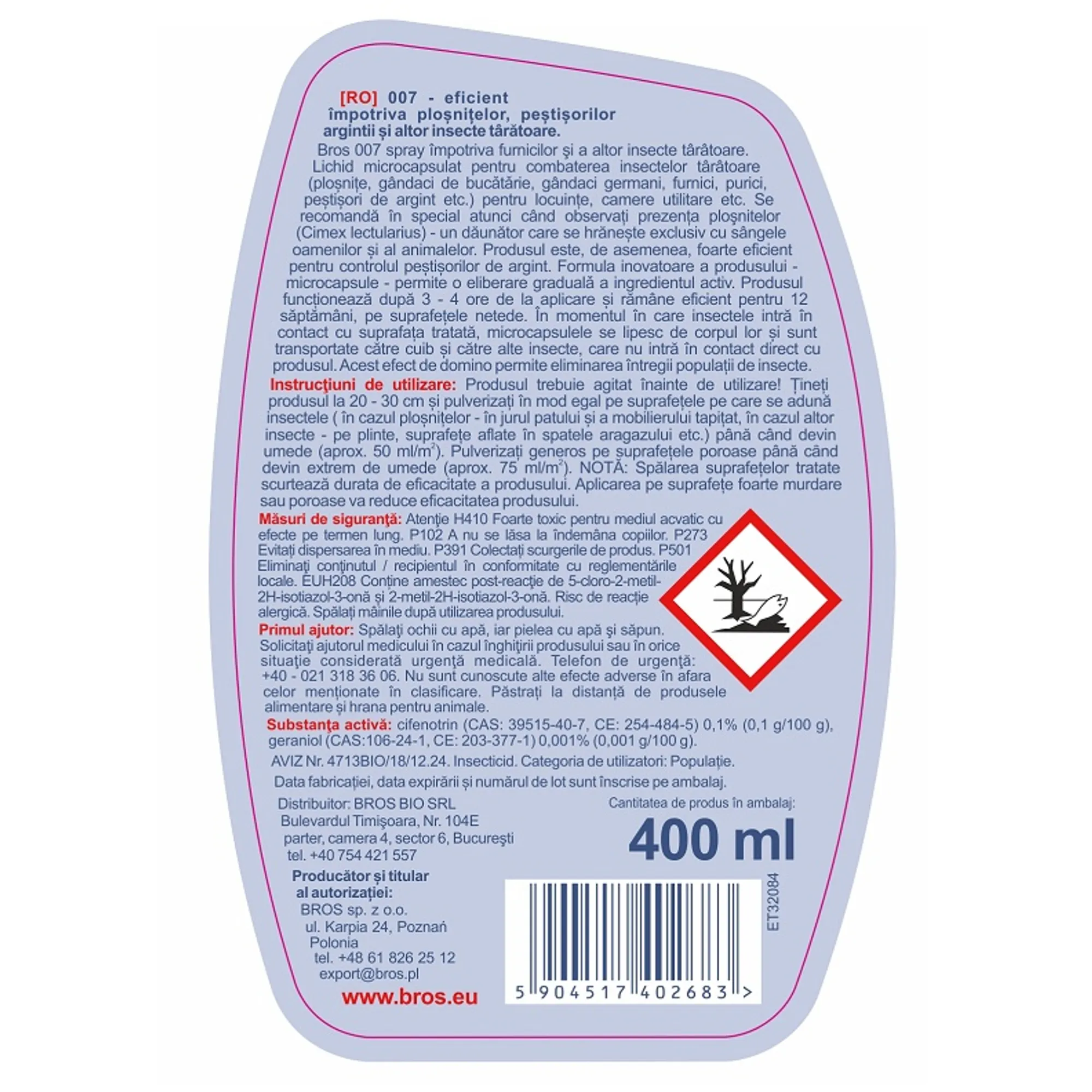 BROS Spray împotriva ploșnițelor și insectelor târâtoare, 400 ml