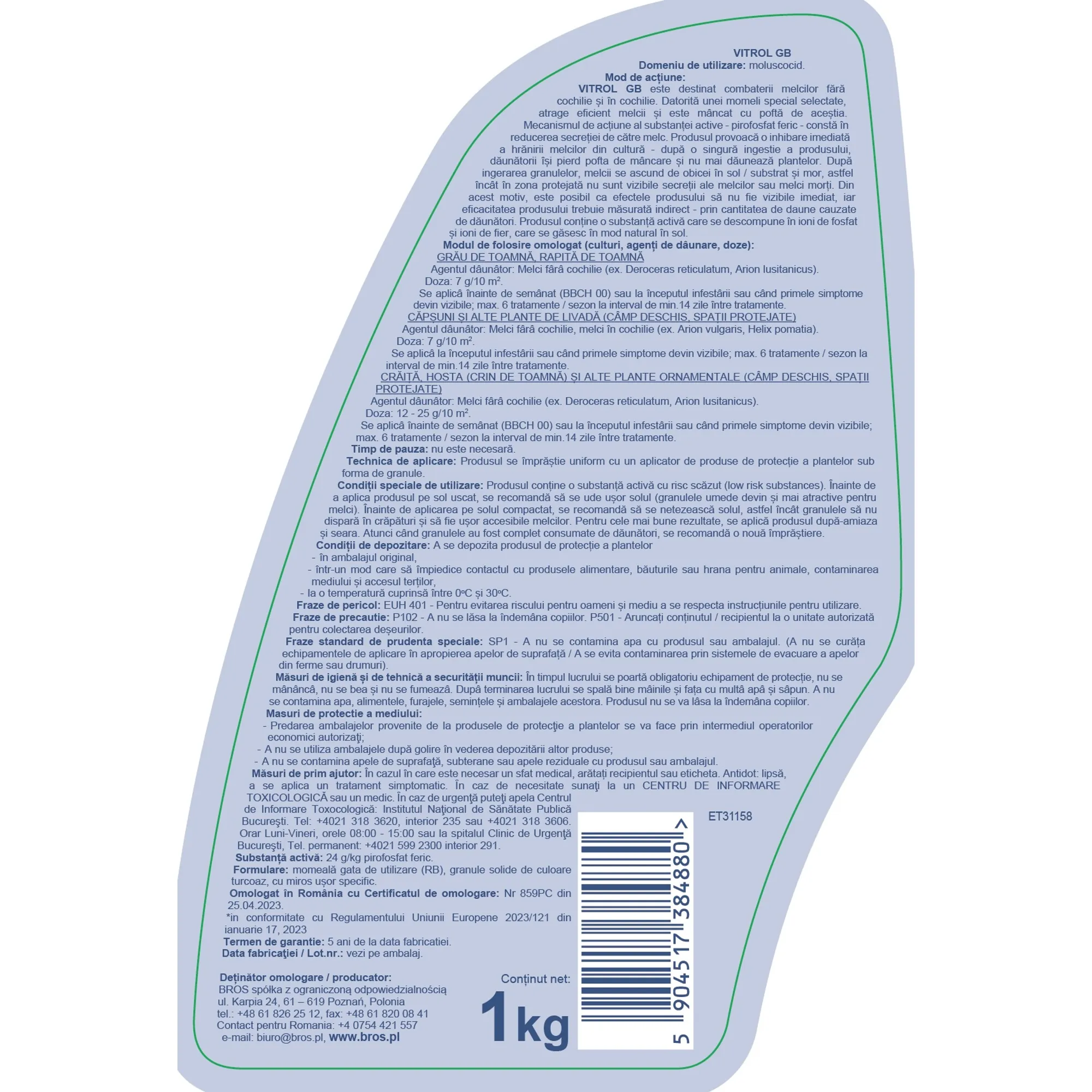 BROS Vitrol GB – Momeală moluscocidă pentru melci și limacși, 1 kg