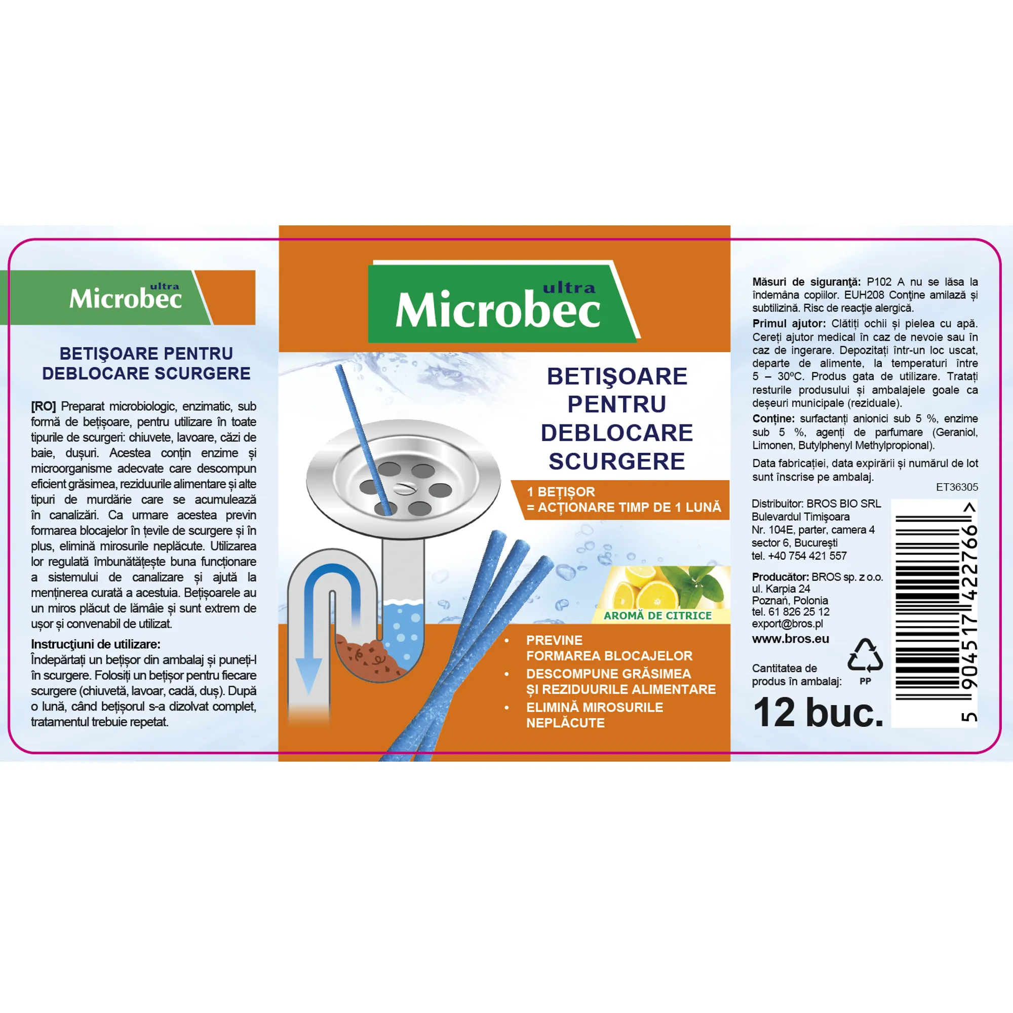 Microbec Ultra – Bețișoare pentru deblocare scurgere, 12 bucăți, aromă citrice