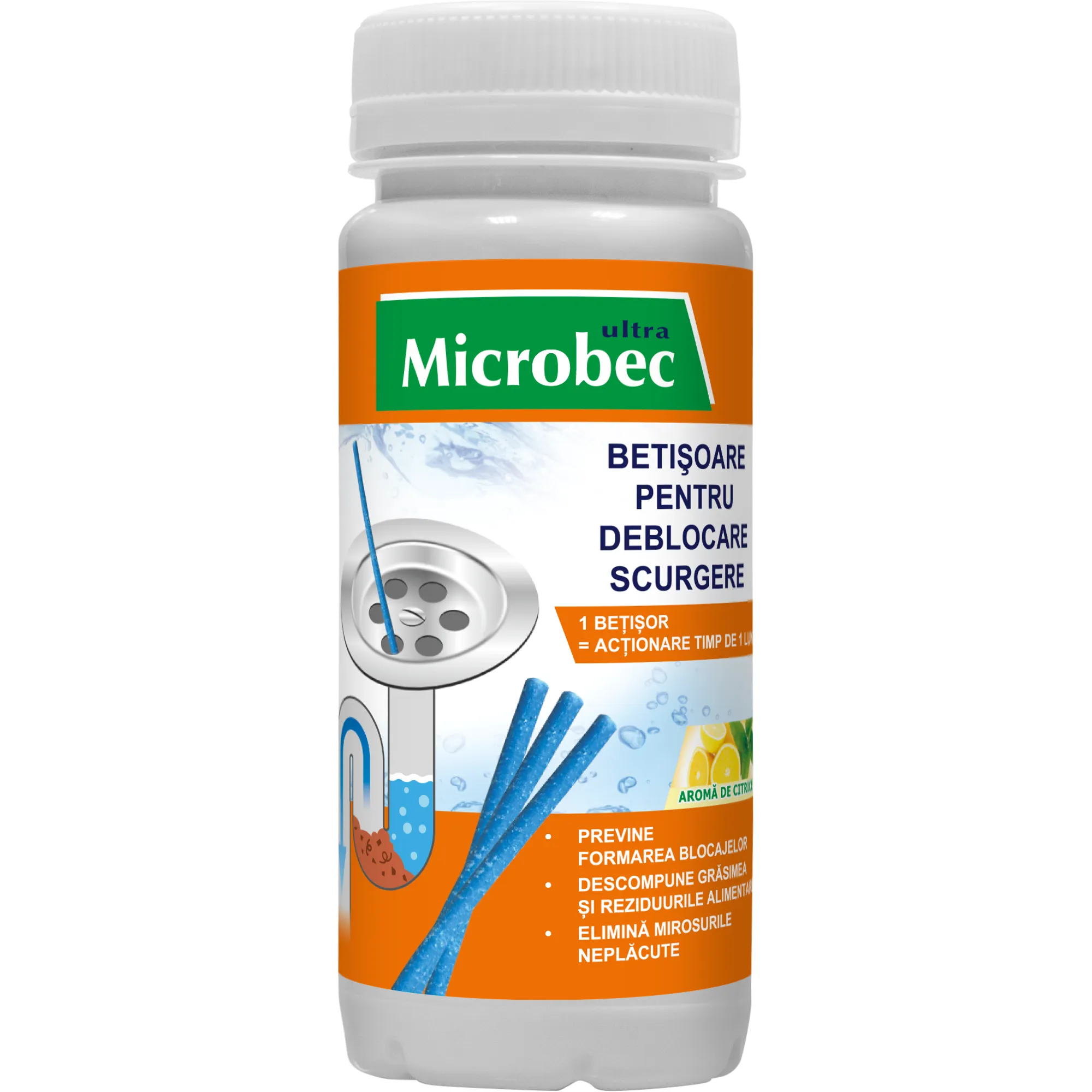 Microbec Ultra – Bețișoare pentru deblocare scurgere, 12 bucăți, aromă citrice