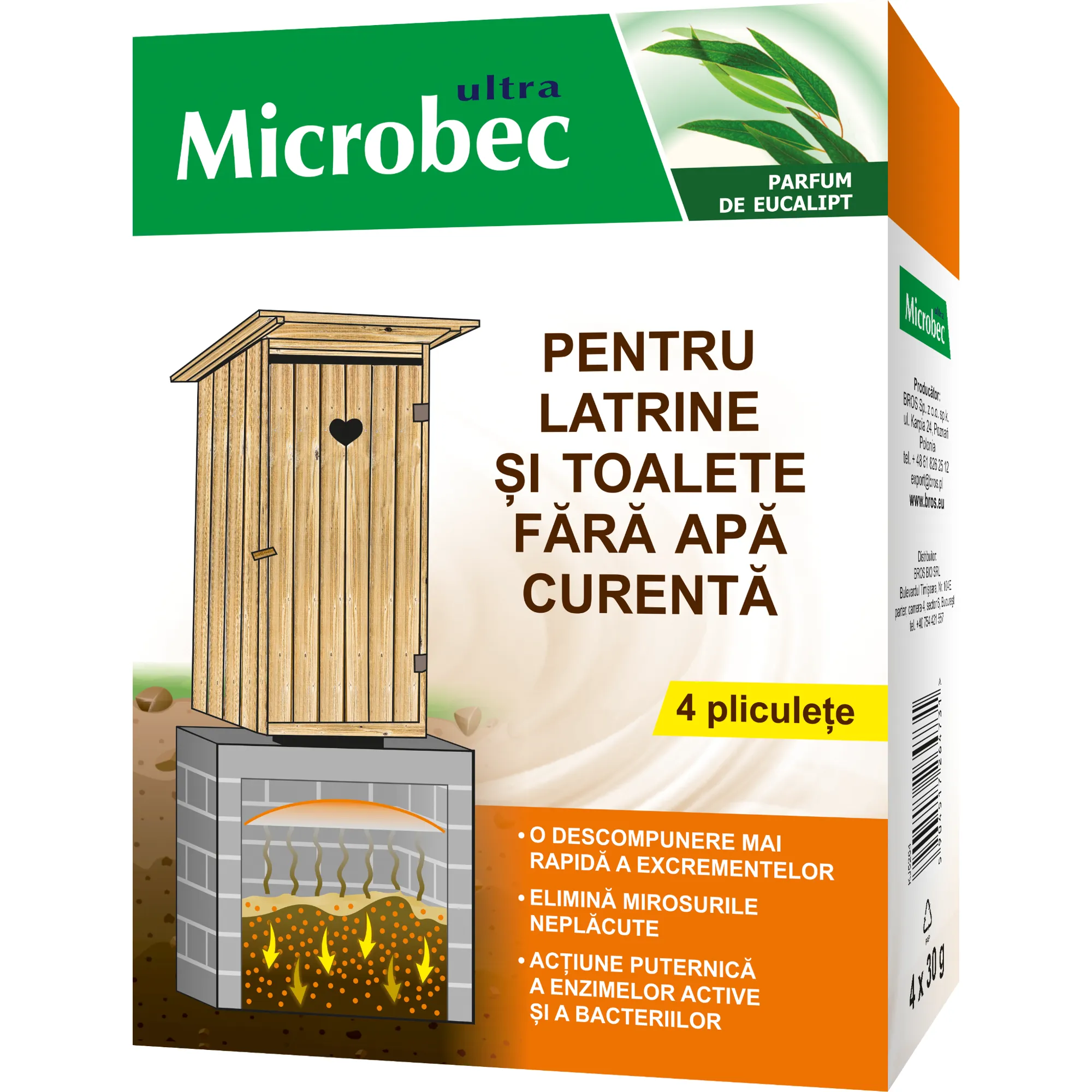 Microbec Ultra – Pentru latrine și toalete fără apă curentă, 4x30g, parfum eucalipt