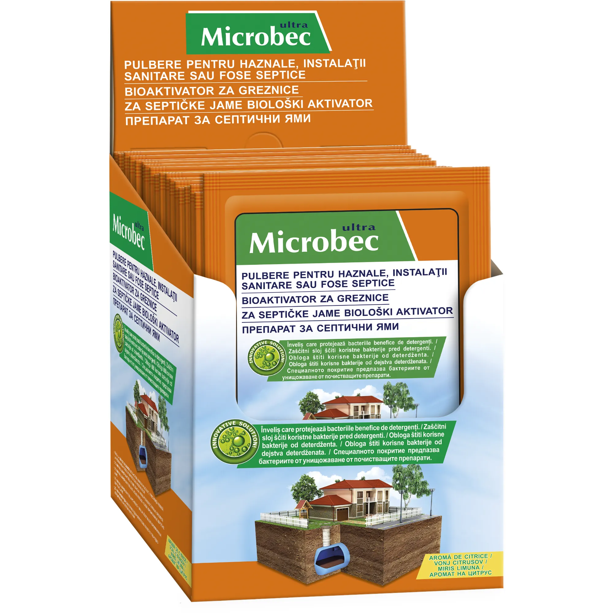 Microbec Ultra – Pulbere bioactivator pentru haznale, fose septice și instalații sanitare, 25 g, aromă citrice