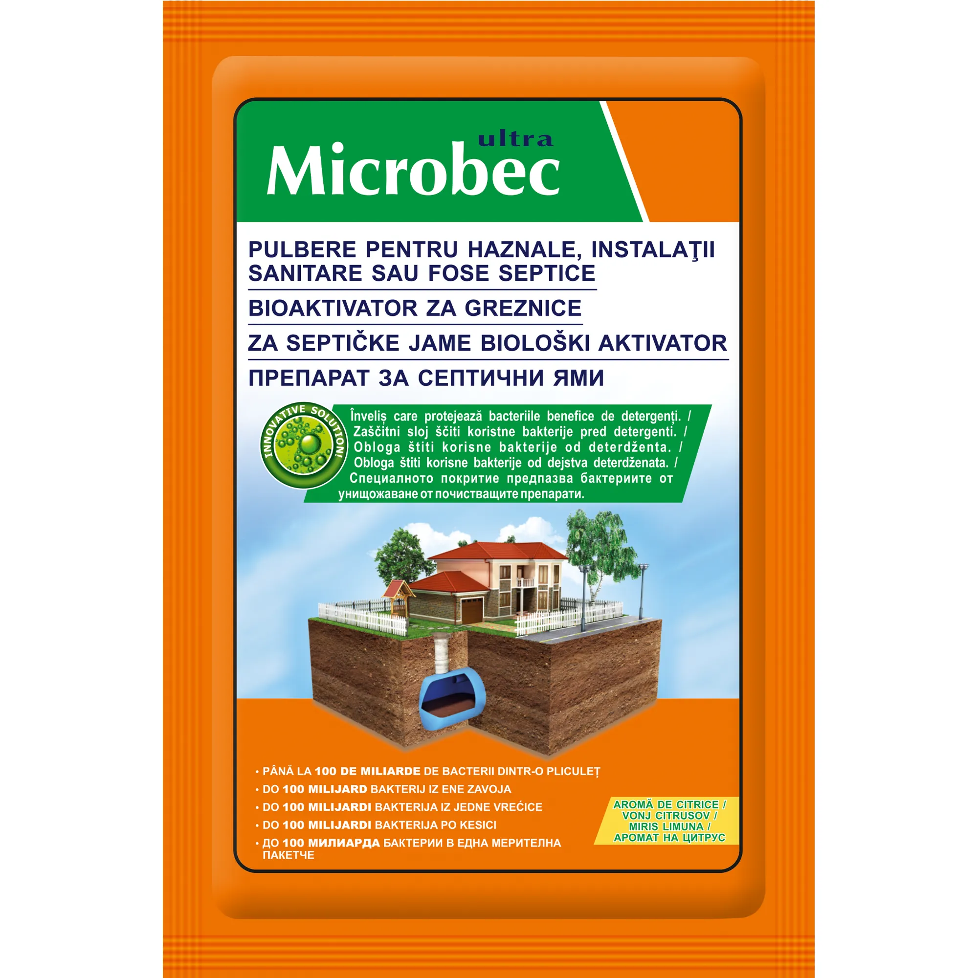 Microbec Ultra – Pulbere bioactivator pentru haznale, fose septice și instalații sanitare, 25 g, aromă citrice