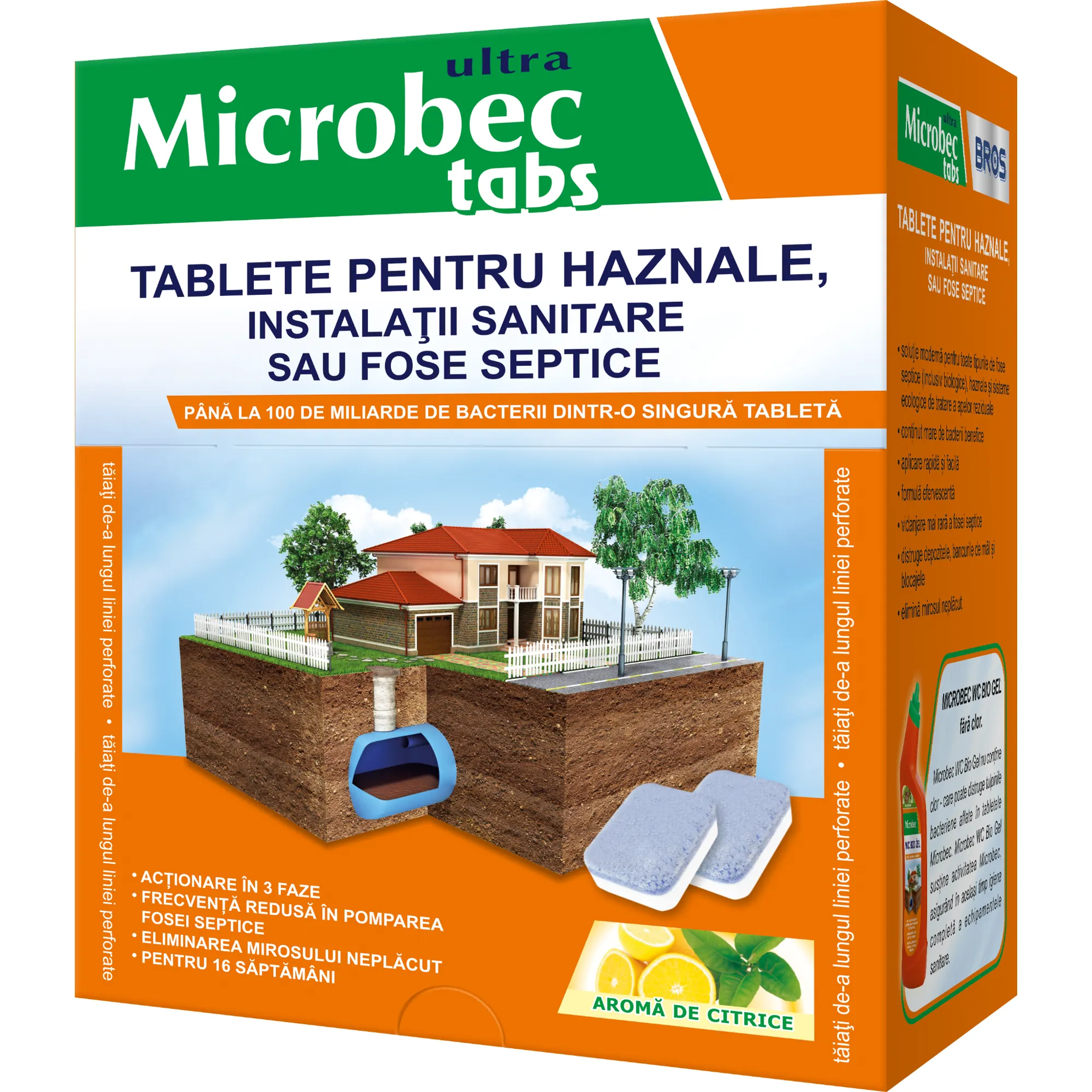 Microbec Ultra Tabs – tablete pentru haznale, instalații sanitare sau fose septice, 16 × 20 g, aromă de citrice