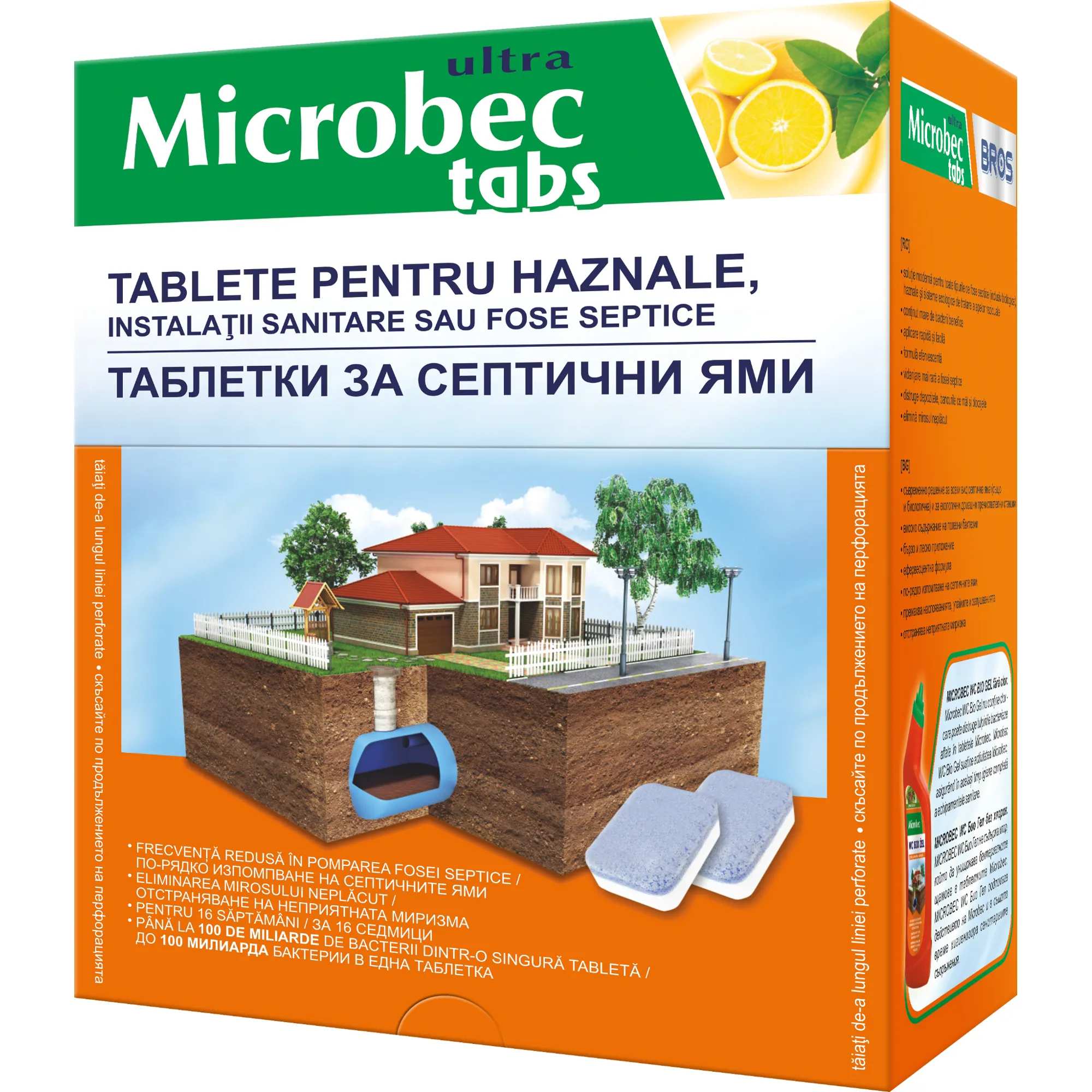 Microbec Ultra Tabs – tablete pentru haznale, instalații sanitare sau fose septice, 16 × 20 g, aromă de citrice