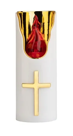 Candelă electronică albă cu flacără roșie și ornament cruce auriu