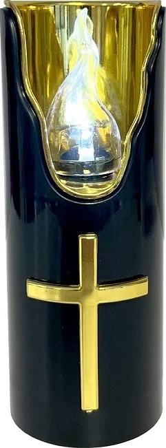 Candelă electronică neagră cu flacără albă și cruce aurie
