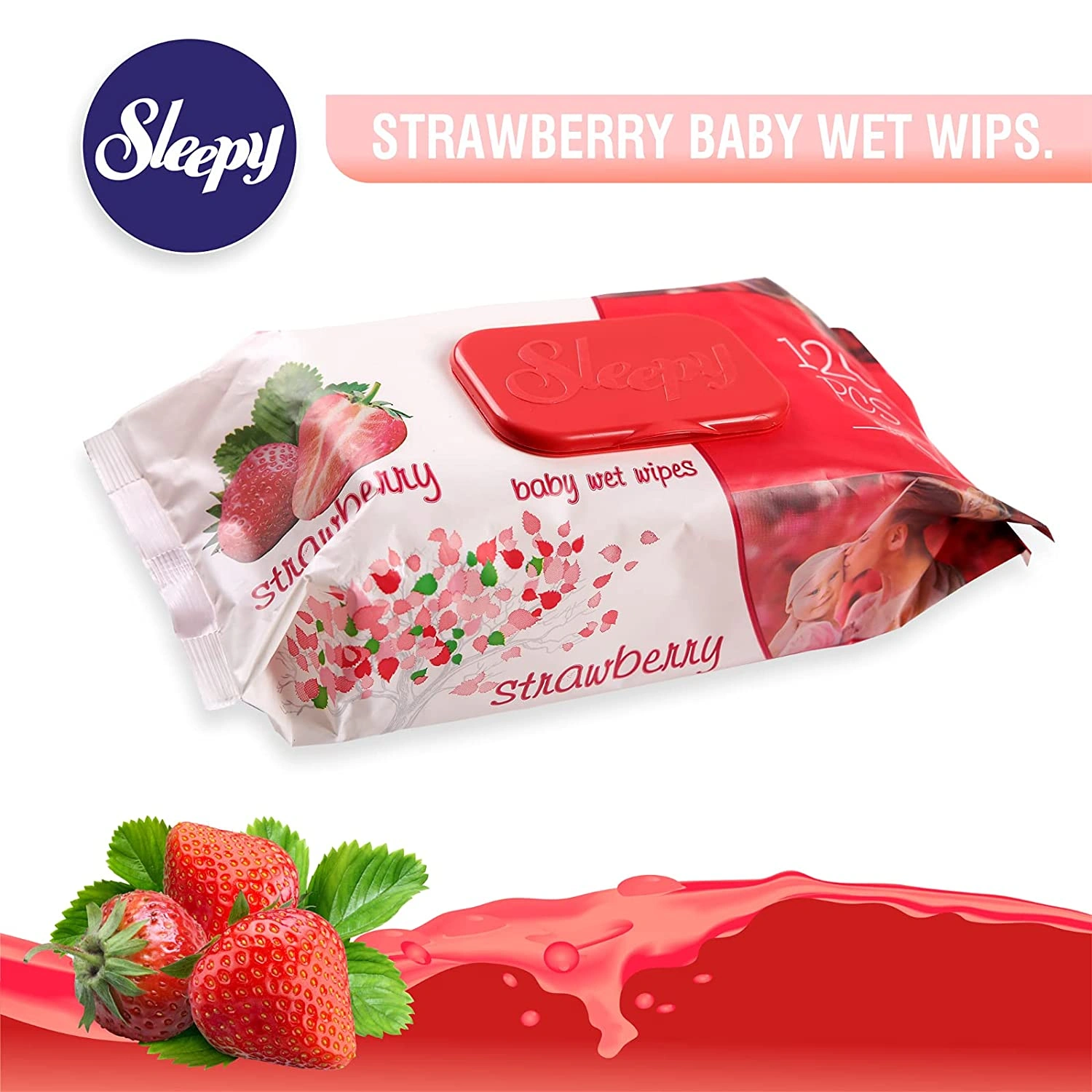 Șervețele umede pentru bebeluși Sleepy Strawberry, 120 bucăți, aromă de căpșuni
